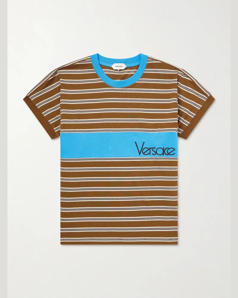 Versace Logo-Embroidered Striped Cotton-Jersey T-Shirt Brown