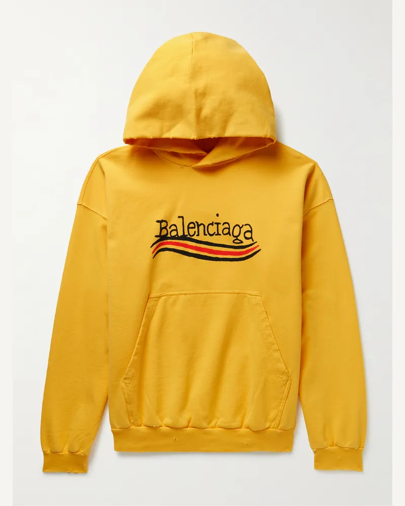 Balenciaga Distressed Logo-Print Cotton-Jersey Hoodie Yellow