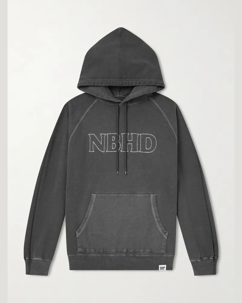 Neighborhood Logo-Embroidered Pigment-Dyed Cotton-Jersey Hoodie Black