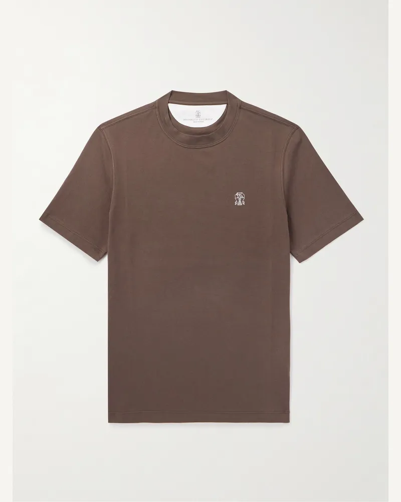 Brunello Cucinelli T-Shirt aus Baumwoll-Jersey mit Logostickerei Braun
