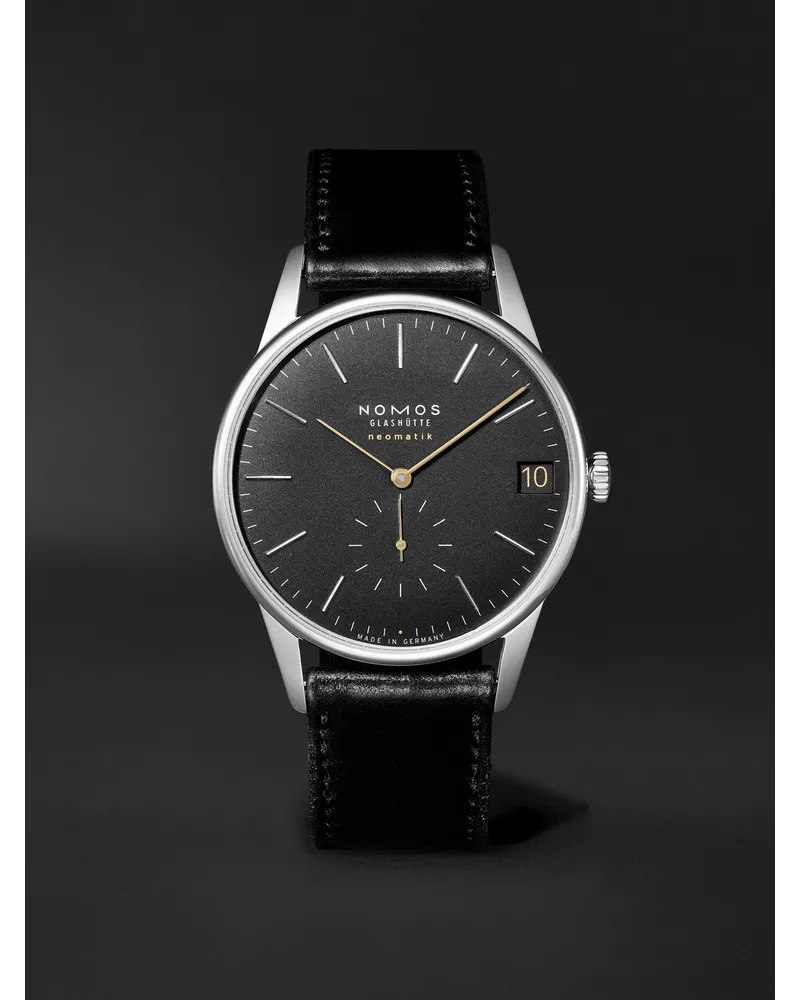 NOMOS Glashütte Orion Neomatik 41 mm Uhr aus Edelstahl mit automatischem Aufzug und Lederarmband, Ref.-Nr.: 366 Schwarz