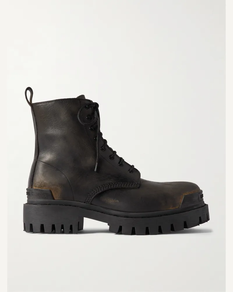 Balenciaga Strike Distressed Leather Boots Black