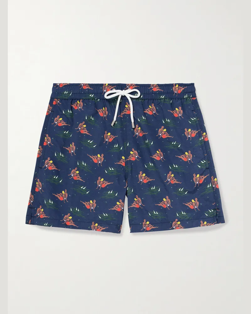 Drake's Bathers gerade geschnittene mittellange Badeshorts mit Print Blau
