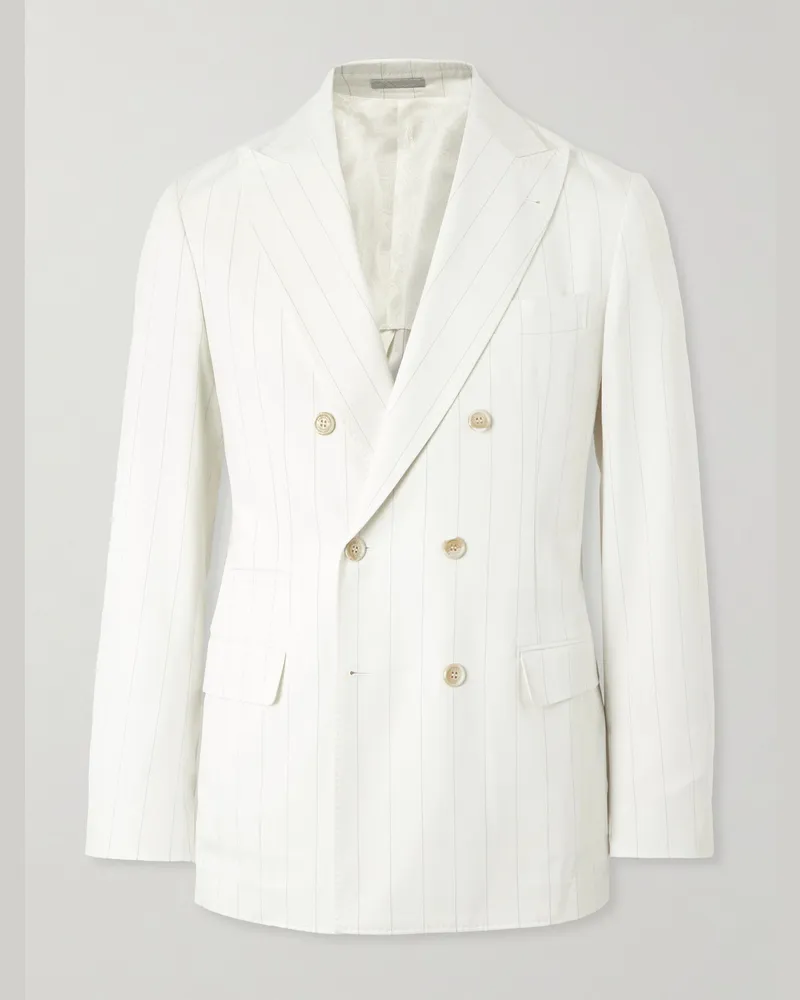 Brunello Cucinelli Double-Breasted Pinstriped Wool and Cotton-Blend Twill Blazer White