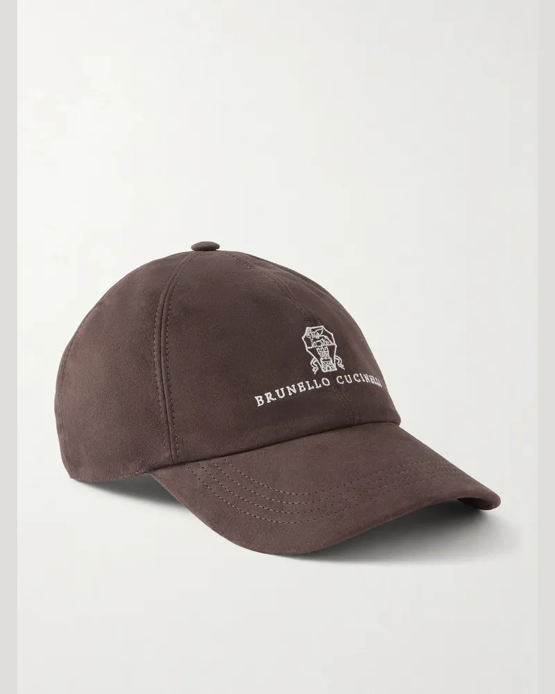 Brunello Cucinelli Logo-Embroidered Suede Cap Brown