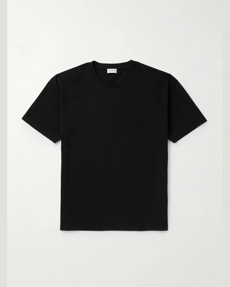 Saint Laurent Logo-Embroidered Cotton-Piqué T-Shirt Black