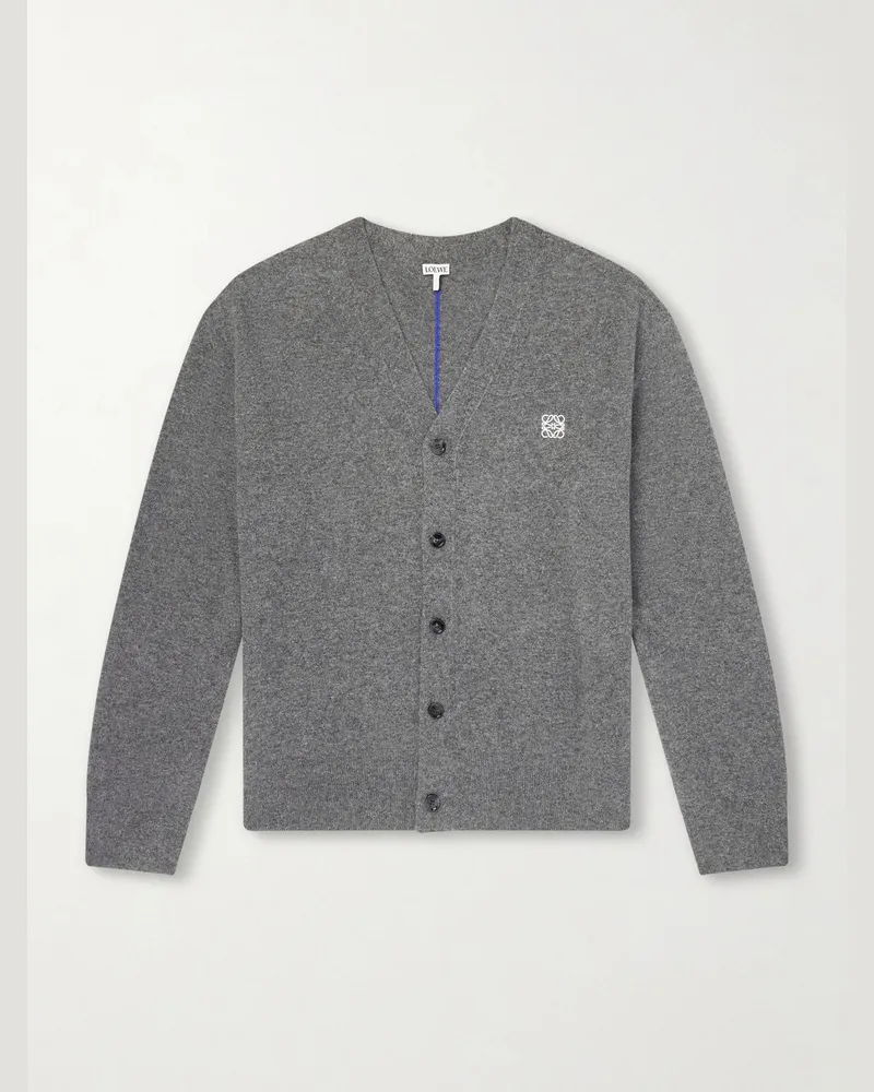 Loewe Logo-Embroidered Wool-Blend Cardigan Gray