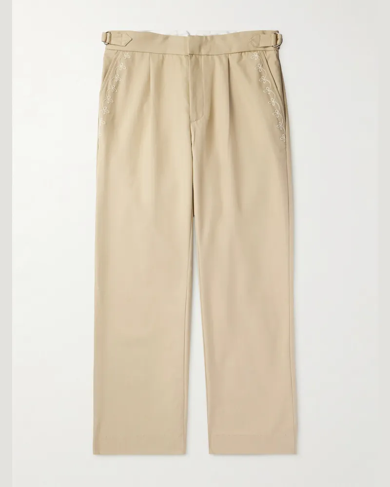 Cherry Los Angeles Charro Straight-Leg Embroidered Cotton-Blend Twill Trousers Neutrals