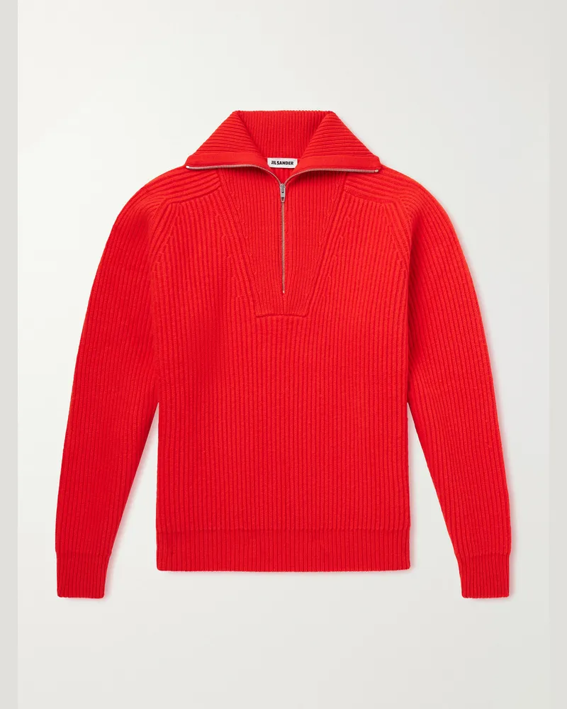 Jil Sander Ribbed Wool Zip-Up Sweater Red