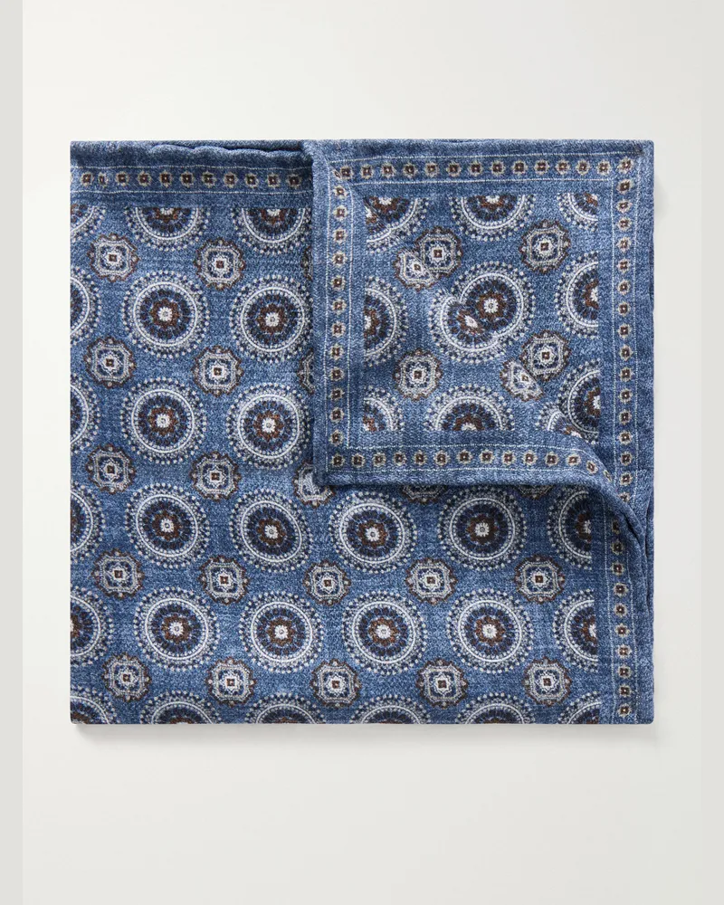 Brunello Cucinelli Printed Silk Pocket Square Blue