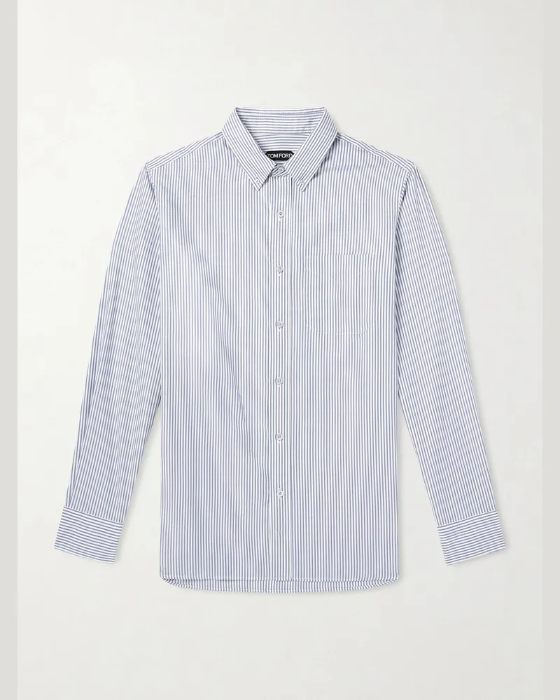 Tom Ford Button-Down Collar Striped Cotton and Lyocell-Blend Oxford Shirt Blue
