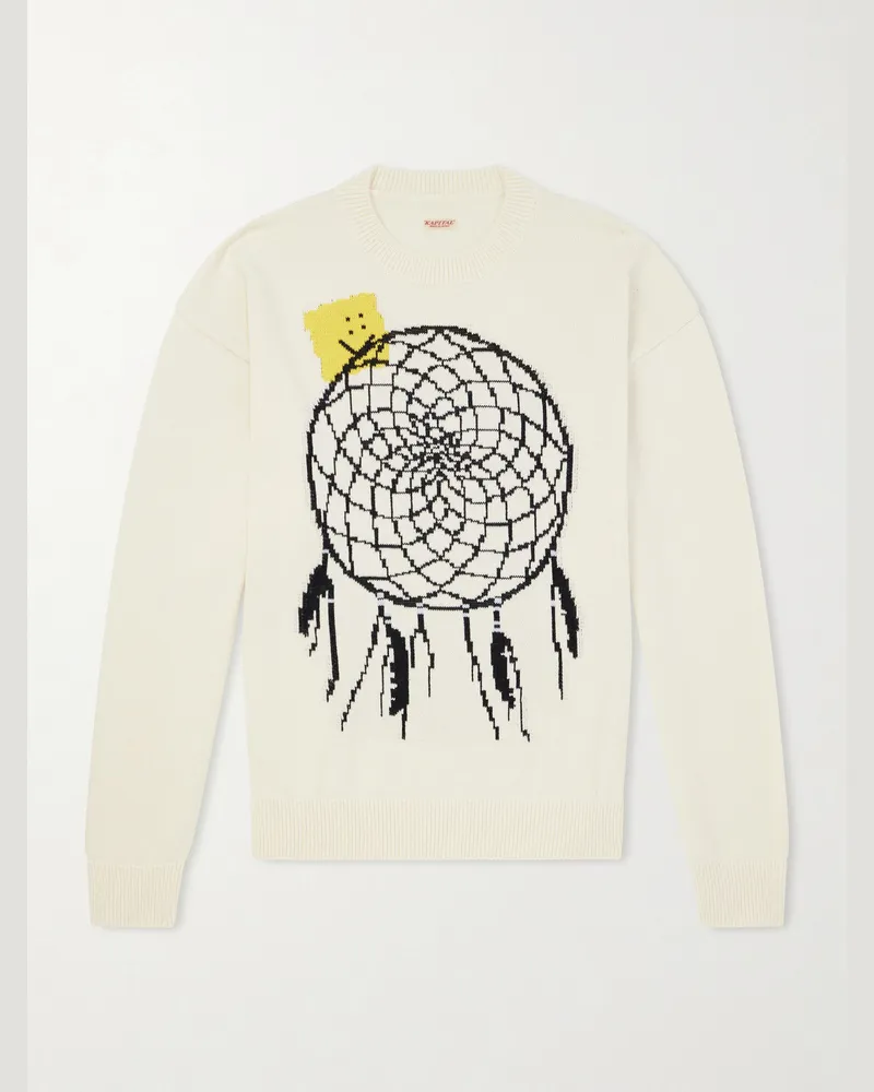 KAPITAL Peckish Dream Catcher Intarsia Cotton-Blend Sweater Neutrals