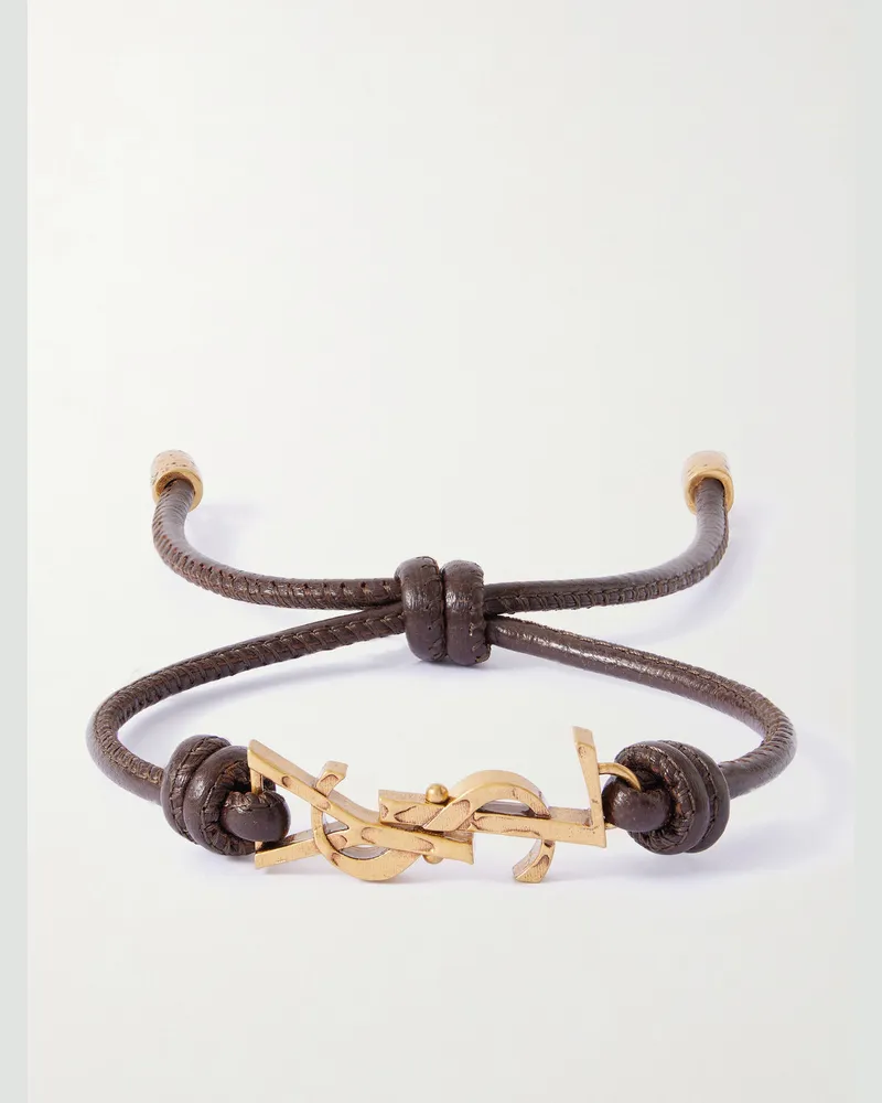Saint Laurent Gold-Tone and Leather Bracelet Brown