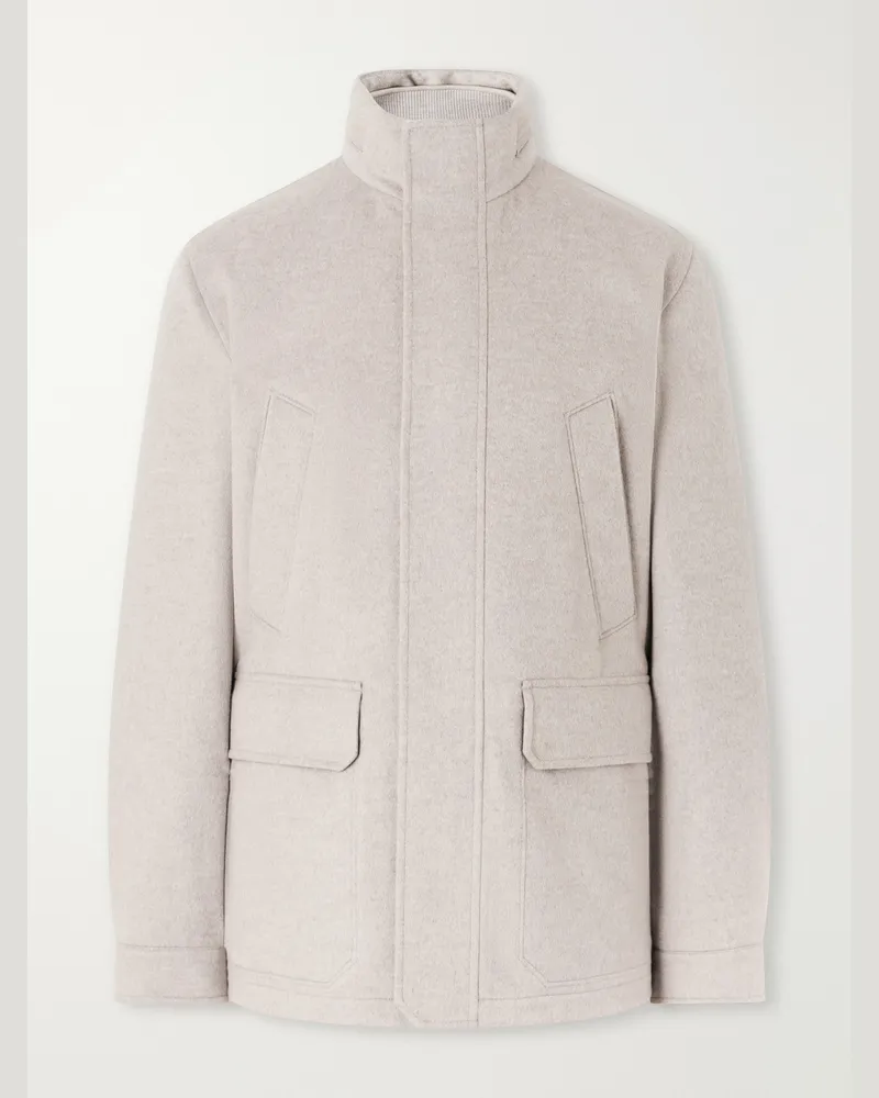 Ermenegildo Zegna Hooded Padded Felted Leather-Trimmed Cashmere Coat Brown