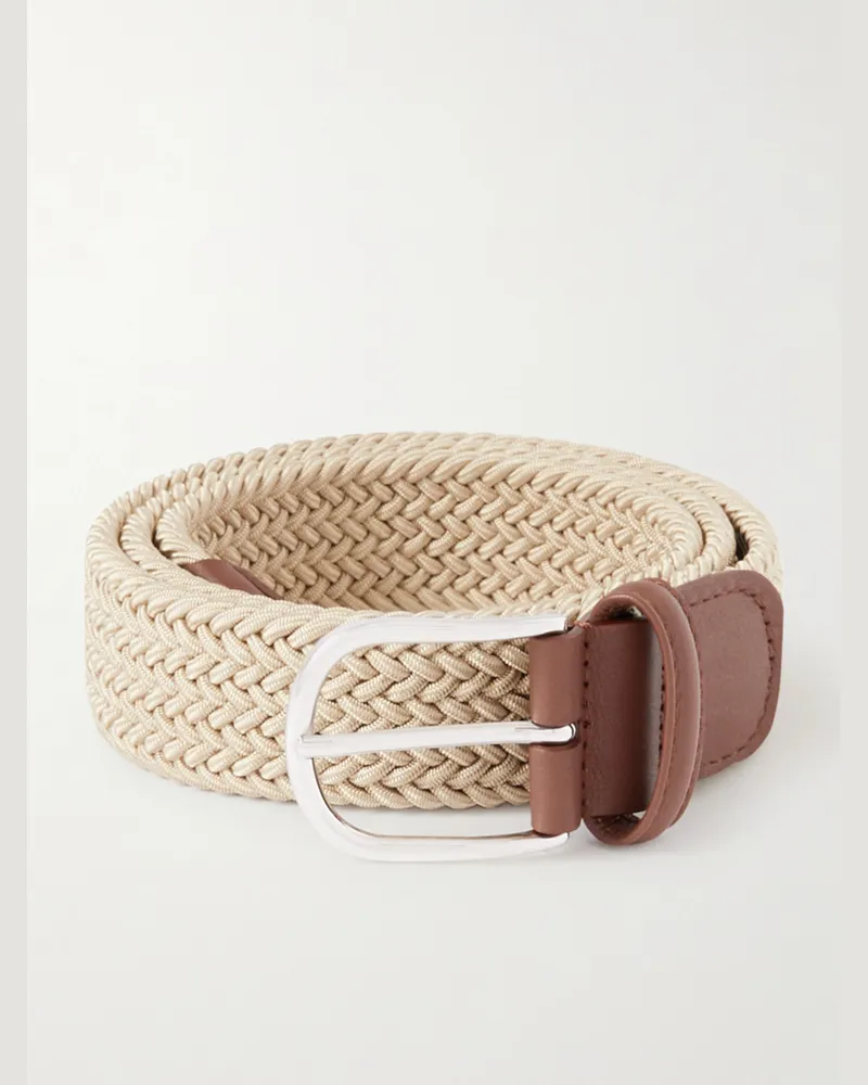 Anderson's 3.5cm Leather-Trimmed Woven Elastic Belt Neutrals