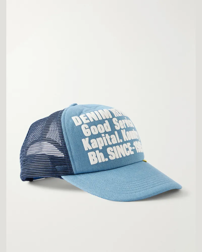 KAPITAL Denim Repair Service Fleece-Trimmed Printed Scuba Trucker Cap Blue