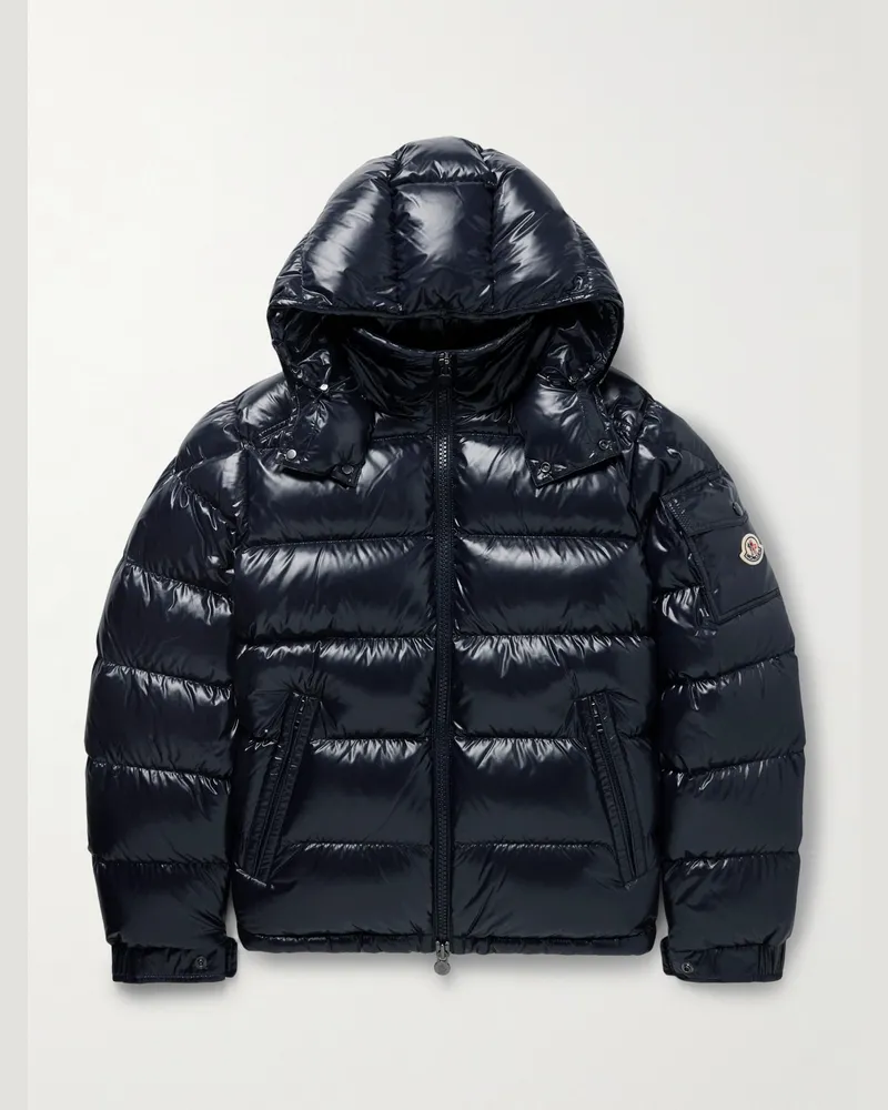 Moncler Maya Daunenjacke aus gestepptem Nylon mit Kapuze und Logoapplikation Blau