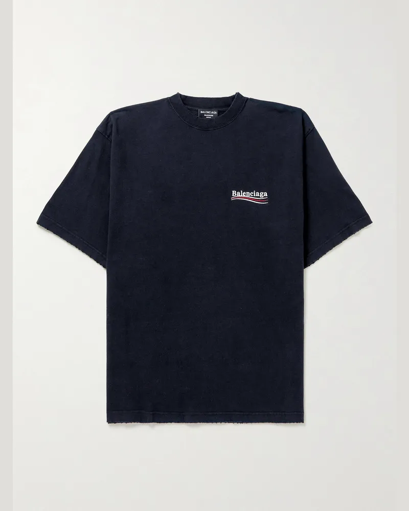 Balenciaga Oversized Logo-Embroidered Cotton-Jersey T-Shirt Black