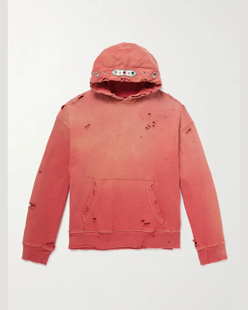 KAPITAL Embellished Suede-Trimmed Distressed Cotton-Jersey Hoodie Red