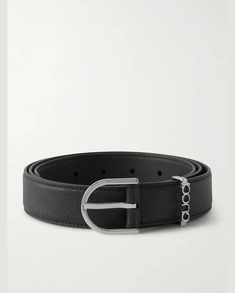 Gucci 4cm Logo-Embellished Cross-Grain Leather Belt Black