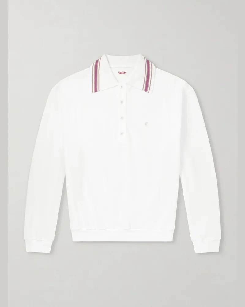 KAPITAL Box Striped Embroidered Cotton-Piqué Polo Shirt White