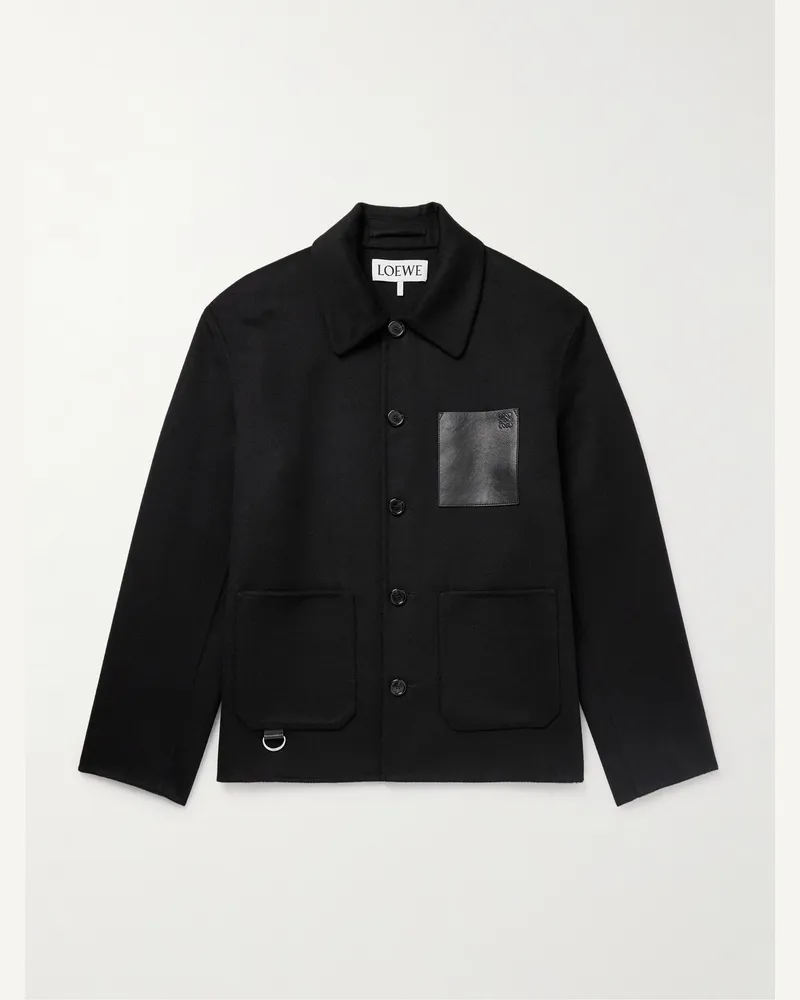 Loewe Hemdjacke aus einer Woll-Kaschmirmischung mit Lederbesatz Schwarz
