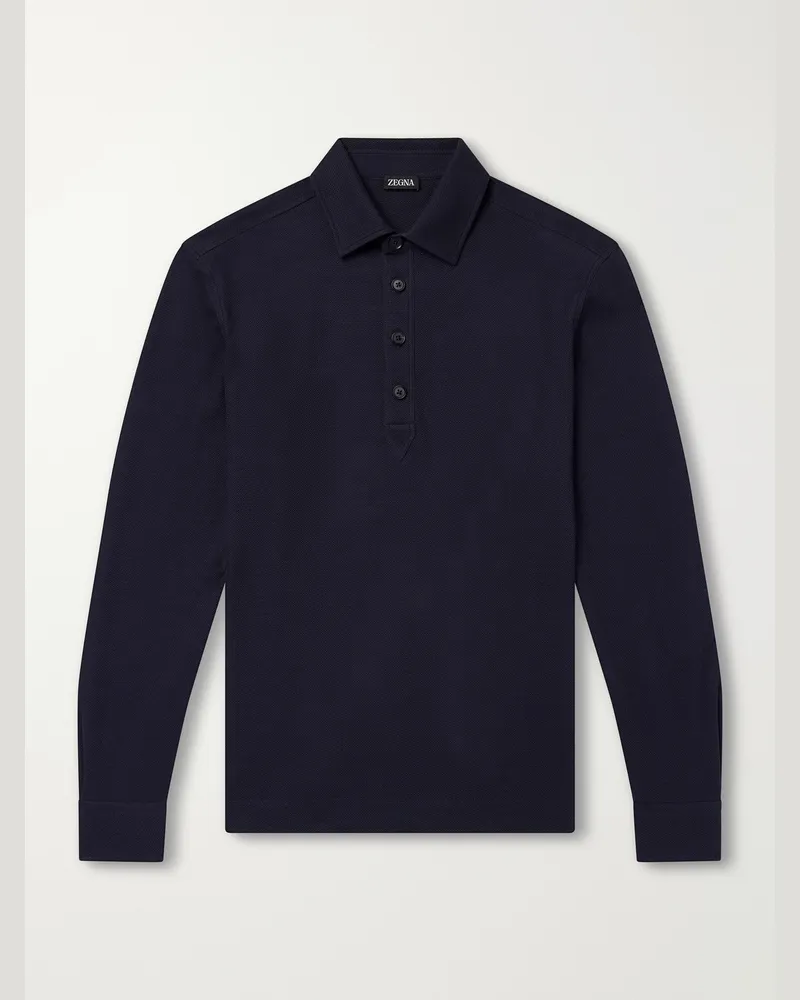 Ermenegildo Zegna Cotton and Silk-Blend Piqué Polo Shirt Blue