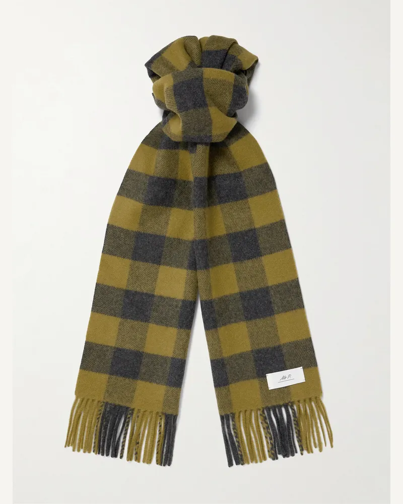 MR P. Logo-Appliquéd Fringed Checked Wool and Cashmere-Blend Scarf Green