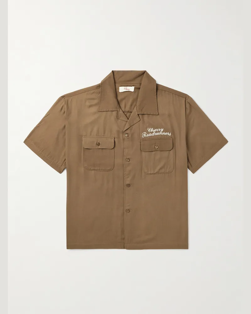 Cherry Los Angeles Roadrunner Camp-Collar Embroidered TENCEL™-Twill Shirt Brown