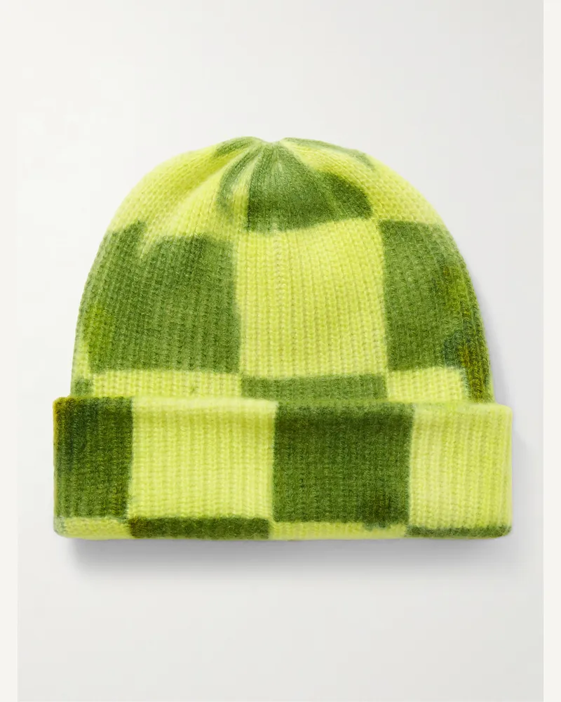 The Elder Statesman Chess karierte Beanie aus Kaschmir in Rippstrick Grün