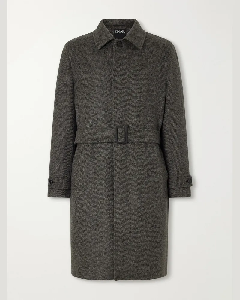 Ermenegildo Zegna Oasi Belted Herringbone Cashmere Trench Coat Green