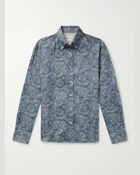 Brunello Cucinelli Hemd aus Leinen-Chambray mit Paisley-Print und Button-Down-Kragen Blau