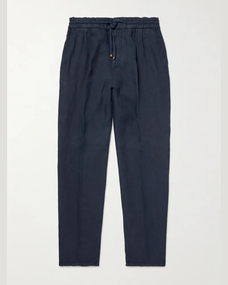Brunello Cucinelli Gerade geschnittene Hose aus Leinen-Twill mit Kordelzugbund und Falten Blau