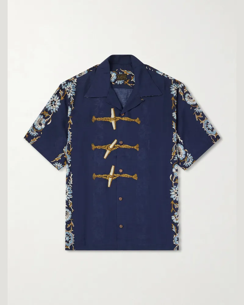 KAPITAL Toggle & Maille Convertible-Collar Printed Woven Shirt Blue