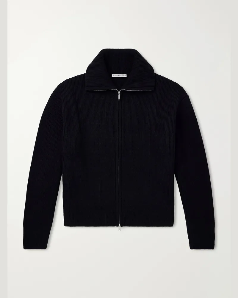 Studio Nicholson Ribbed-Knit Merino Wool Zip-Up Cardigan Black