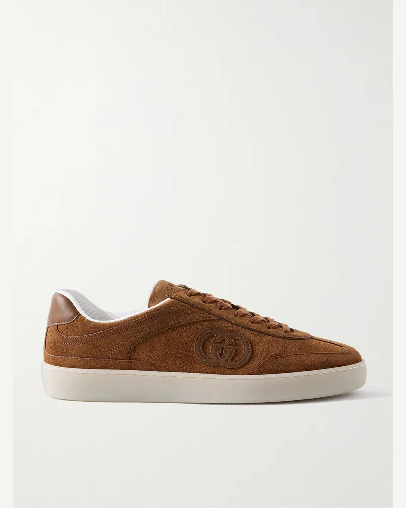 Gucci G75 Logo-Appliquéd Leather-Trimmed Suede Sneakers Brown