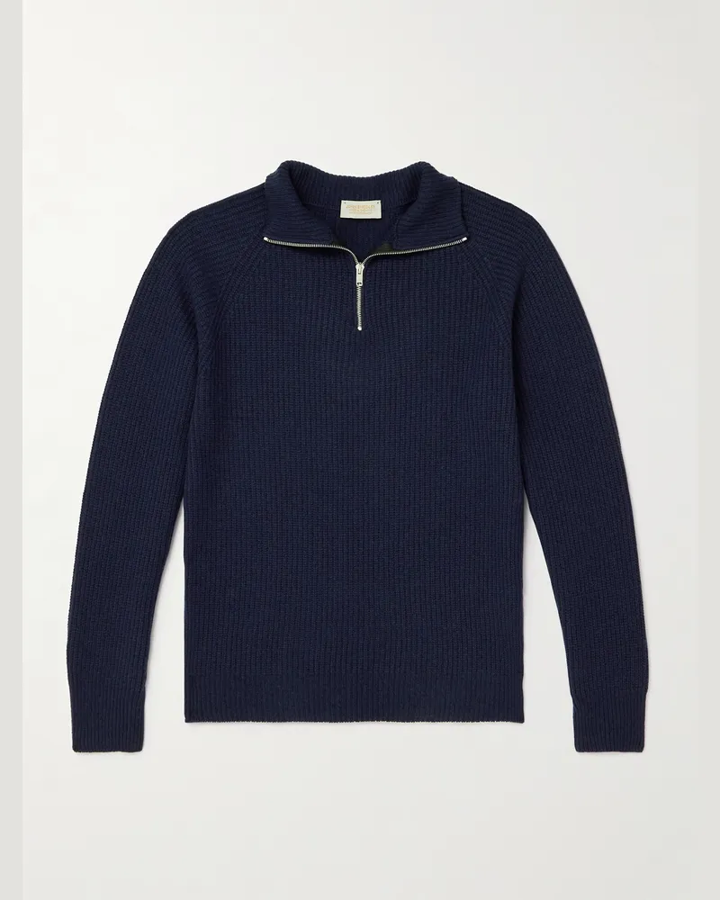 John Smedley Ryker Ribbed Recycled-Cashmere and Wool-Blend Half-Zip Sweater Blue