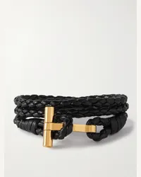 Tom Ford Wickelarmband aus geflochtenem Leder mit vergoldetem Verschluss Schwarz