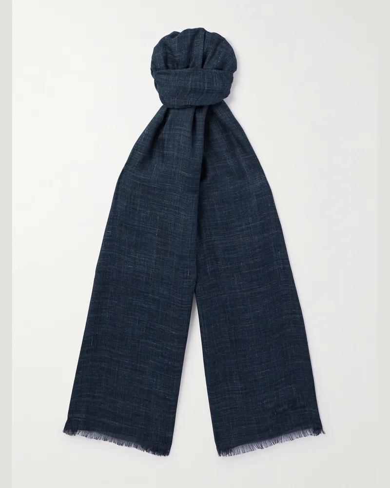Loro Piana Mitoku Logo-Embroidered Slub Silk and Linen-Blend Scarf Blue