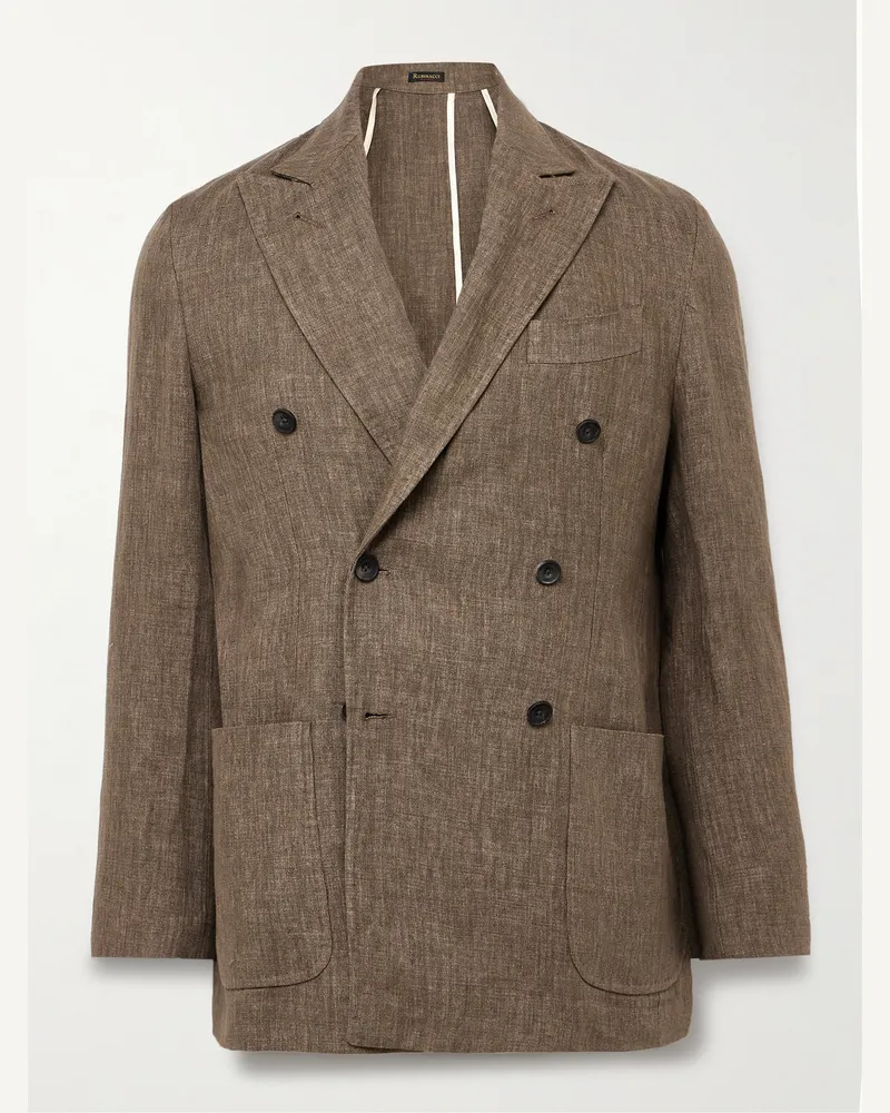 Rubinacci Unstructured Double-Breasted Linen Suit Jacket Brown