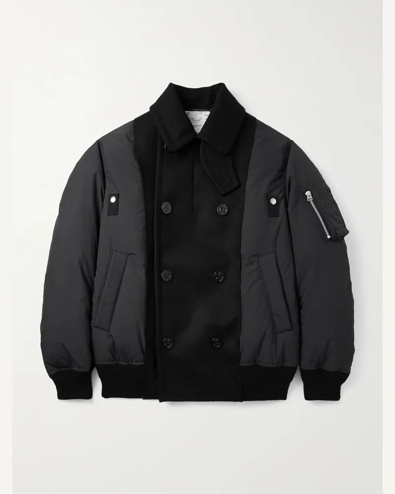 Sacai Double-Breasted Wool and Ripstop Down Bomber Jacket Black