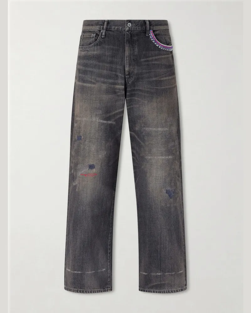 Neighborhood Savage Wide-Leg Bead-Embellished Distressed Jeans Black