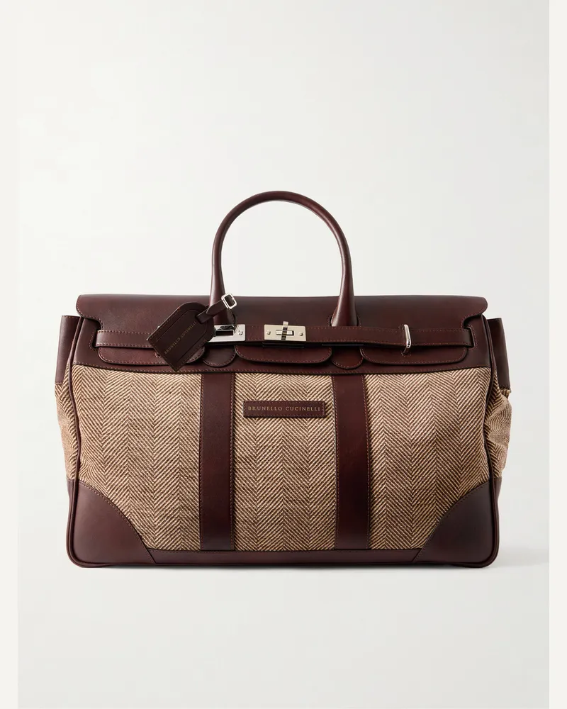 Brunello Cucinelli Herringbone Canvas and Leather Weekend Bag Brown