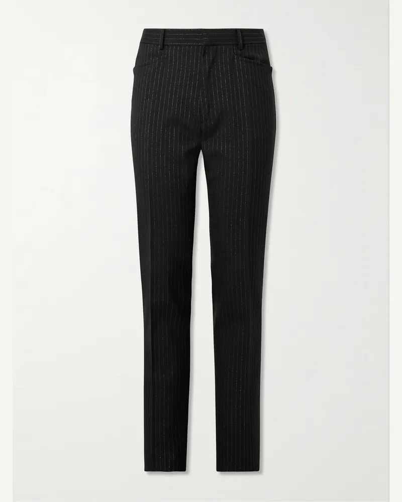 Tom Ford Dyylan schmal zulaufende Hose aus Twill aus einer Metallic-Wollmischung mit Nadelstreifen Schwarz