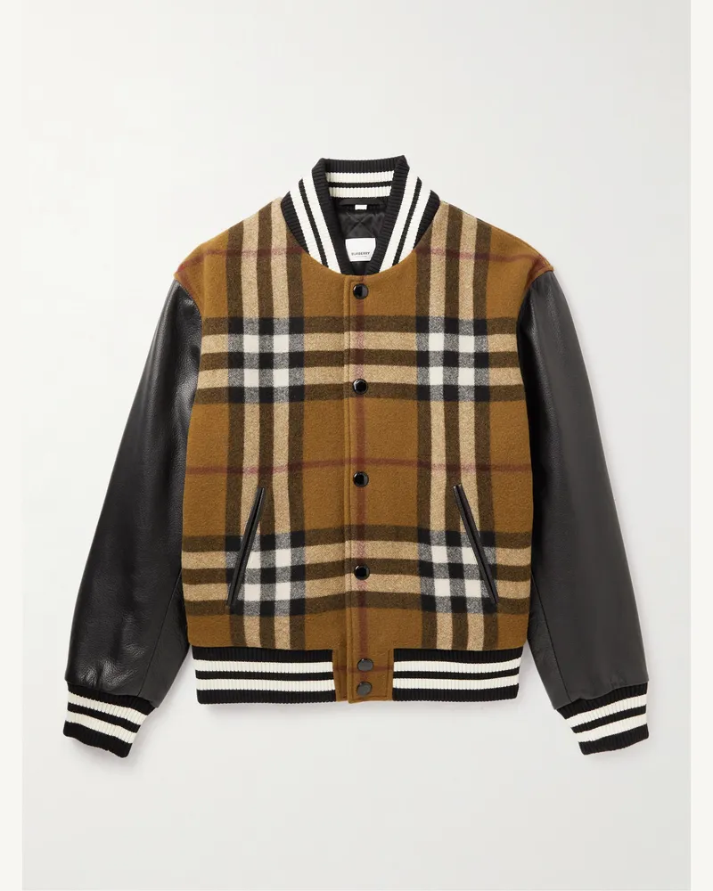 Burberry Karierte Collegejacke aus einer Wollmischung und vollnarbigem Leder Braun