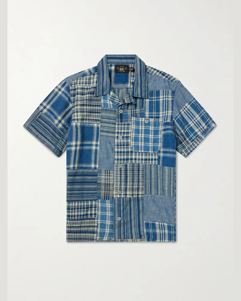 RRL Patchwork-Hemd aus einer Baumwoll-Leinenmischung mit wandelbarem Kragen Blau