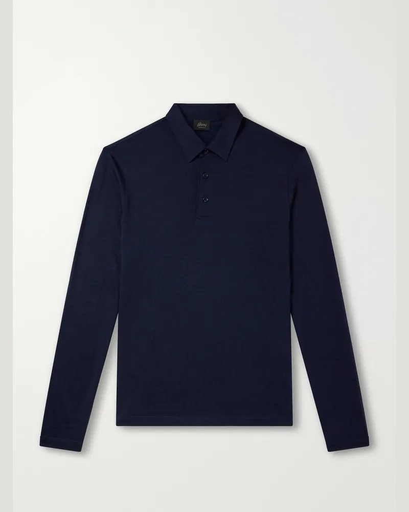 Brioni Wool and Silk-Blend Polo Shirt Blue