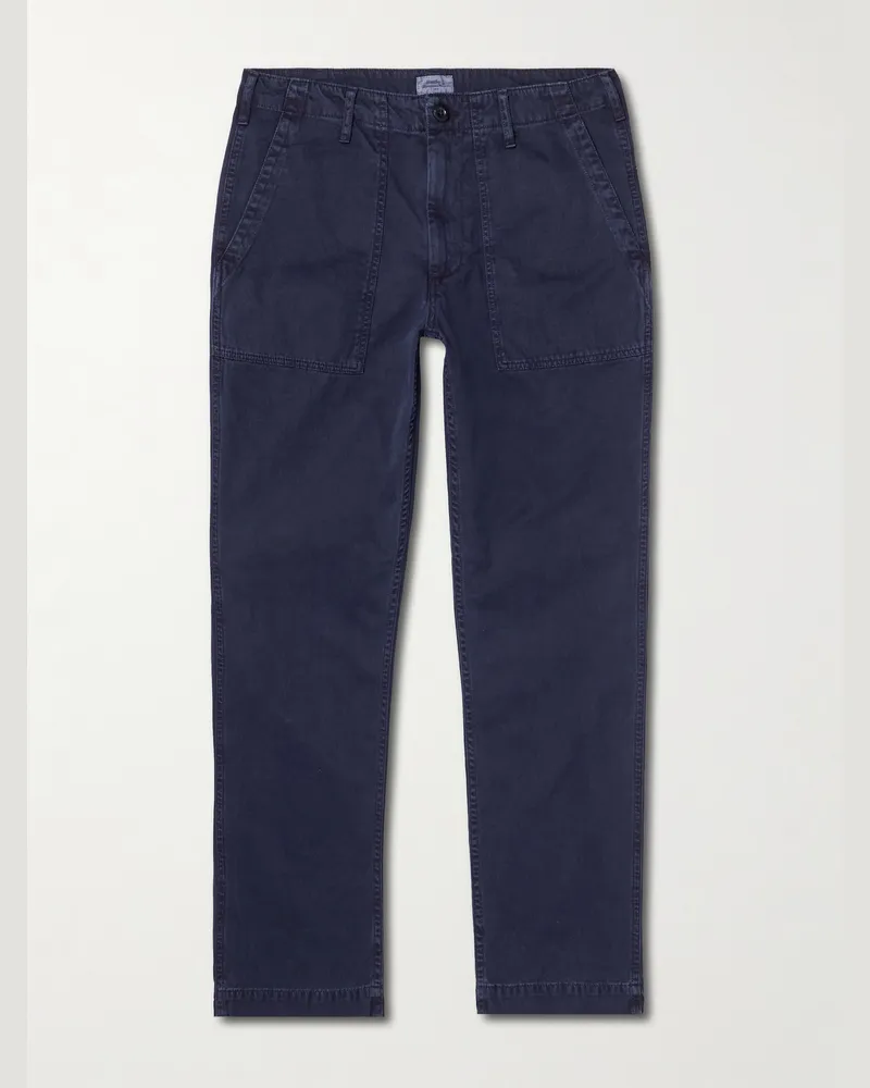 Hartford Fatigue Straight-Leg Garment-Dyed Herringbone Cotton-Gabardine Trousers Blue