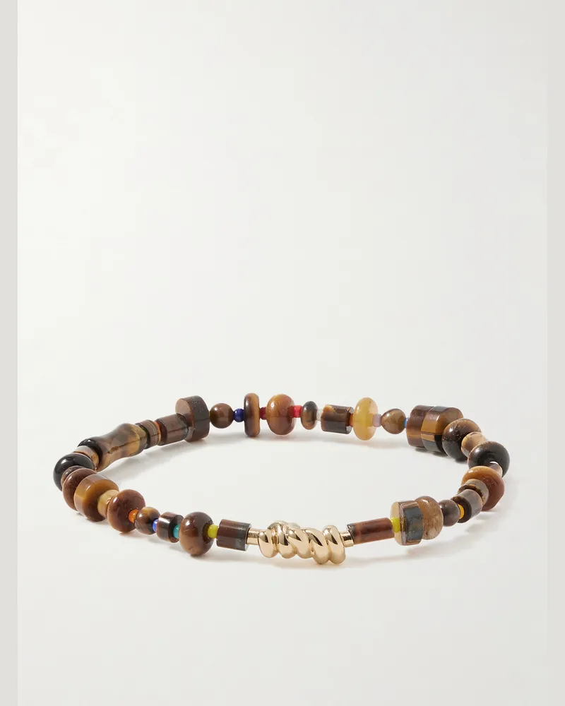Luis Morais Armband mit Zierperlen aus Tigerauge und Detail aus 14 Karat Gold Braun