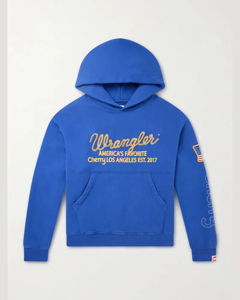 Cherry Los Angeles Wrangler America Favorite Logo-Embroidered Printed Cotton-Fleece Hoodie Blue